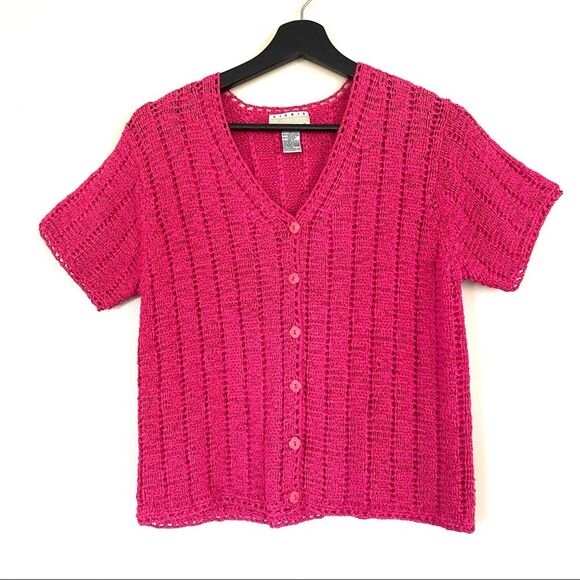 Sigrid Olsen Fuchsia V-neck Button Front Short Sleeve Sweater Top Size Small - Picture 1 of 11